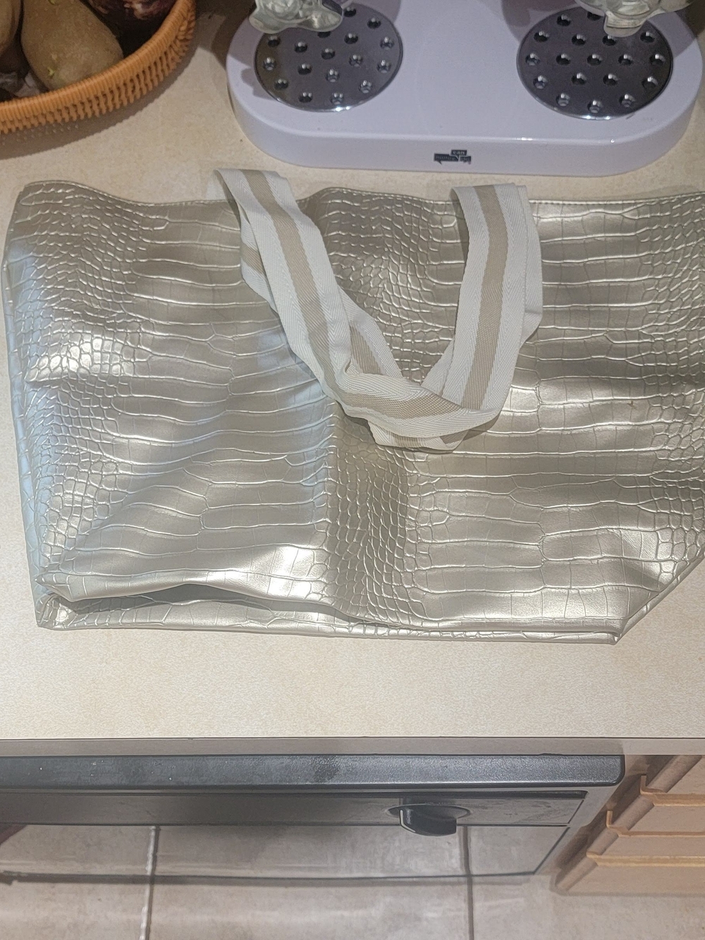 Silver Croc-Texture Tote Bag with Striped Handles
